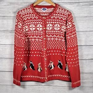 Vintage Tabi Red White Knit Penguins Snowflakes Cotton Angora Cardigan Sweater L